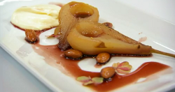 Irini’s Greek pears baked in mavrodaphne with masticha mousee and caramelised almonds dess ...