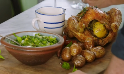 Jimmy Doherty roast chicken dinner cooked in a outdoor DIY campfire oven on Jamie and Jimmy’s Fr ...