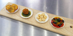 Geoff’s antipasti board with chickpeas pancakes, porcini arancini, crisp breads and pepper ...