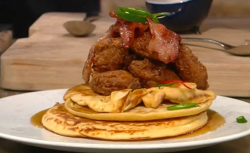 Matt Tebbutt’s fried chicken with bacon and american pancakes on Saturday Kitchen