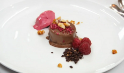 Alex’s chocolate and hazelnut torte with raspberry sorbet  dessert on Masterchef 2019