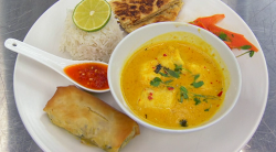 Jasmine’s coconut halibut curry with spring roll, rice and homemade bread on Masterchef 2019