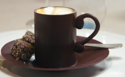 Raymond Blanc cafe creme witha  tempered chocolate cup and saucer  filled with a coffee sponge a ...