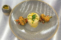 Alex’s crab and prawn mousse lasagna with a tomato beurre blanc sauce on Masterchef 2019