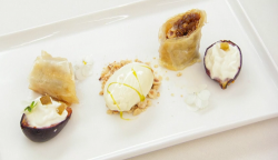 Irini’s fig and hazelnut baklava with fig leaf ice cream dessert on Masterchef 2019 final