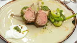 Amal’s herb crusted rack of lamb with zhoug and a yoghurt and tahini sauce on Masterchef 2019