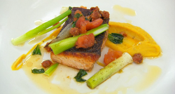 Jay’s spiced salmon with butternut squash and leeks on Masterchef 2019