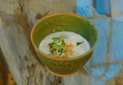 Richard Briers Norfolk  cheese soup with crispy onions and wild garlic on Saturday Kitchen