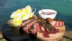 John Torode and Lisa Faulkner steak in red wine butter sauce with  on John and Lisa’s Weekend Ki ...