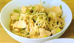 Jen’s speedy cheater pho with chicken, Thai 7 spice, teriyaki sauce and rice noodles on Ea ...