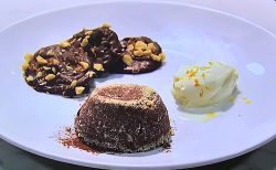 Clodagh McKenna gooey chocolate and orange pudding with hazelnut crumb, Florentine biscuits and  ...