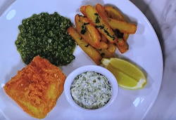 Mark Sargent’s fish and chips with green peas an coriander butter on Beat The Chef