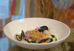 Anna Haugh oat crusted hake with mackerel and mussel veloute on Saturday Kitchen