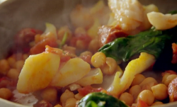 Tom Kerridge pollock with chorizo and chickpea stew on Saturday Kitchen