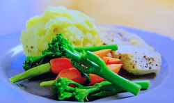 Simon Rimmer’s chicken breast with butter, carrots, broccoli  and mash on Tricks Of The Restaura ...