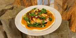 Shauna Froydenlund nduja honey roasted chicken with romesco sauce and flatbread on Saturday kitchen