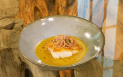 Tom Brown roast cod with curry sauce and crispy shallots on Saturday Kitchen