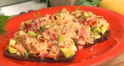 Jason Vale energy boosting breakfast with super charged scrambled eggs, avocado and rye bread on ...