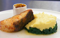 Greg Rutherford’s chilli cod with mash and a tomato and chorizo sauce on Celebrity Masterc ...