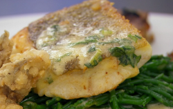 Jenny’s pan fried cod with oysters and a wild garlic hollandaise sauce on Celebrity Master ...