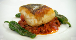 Kelly’s hake with padron peppers on a tomato, anchovy and chorizo compote  on Celebrity Ma ...