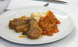 Oti Mabuse spicy lamb chops with chakalaka and mash potatoes on Celebrity Masterchef 2019