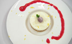 Dom’s lemon cheesecake with a spinach and raspberry coulis on Celebrity Masterchef 2019