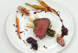 Greg’s herb crusted beef with roasted vegetables and red wine sauce on Celebrity Masterche ...