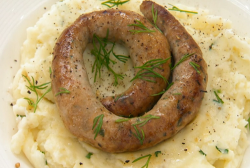 Joey Essex pork and chives sausages with potato, onion and dill mash and a onion gravy on Celebr ...