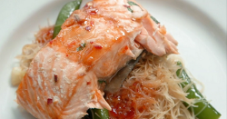 Vicky and Kelly’s Asian inspired glazed salmon with vegetable noodles and sweet chilli sau ...