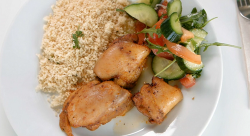 Otlile Mabuse’s spiced chicken thighs with couscous and salad on Celebrity Masterchef 2019