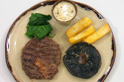 Neil Ruddock’s steak and chips with mushrooms on Celebrity Masterchef 2019