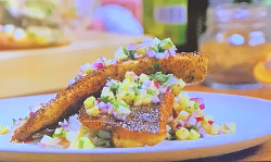 Tom’s  blacked sea bass fish with coconut rice an pineapple salsa on Tom Kerridge’s  ...