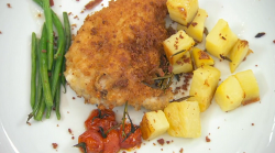 Neil Ruddock’s chicken kiev with beans, potatoes and tomatoes on Celebrity Masterchef 2019