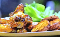 Tom’s maple and bourbon glazed chicken wings with sweet potatoes and celery on Tom Kerridg ...