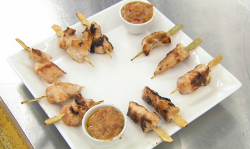 Neil Ruddock’s chicken skewers with a peanut satay sauce canapes on Celebrity Masterchef 2019