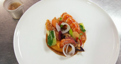 Monica Galetti’s lemongrass poached lobster tail with peanut sauce cooked by Vicky Pattiso ...