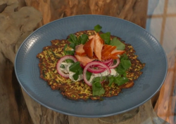 Donna Hay Courgette crispy pancake with tzatziki pickled onions and smoked salmon on Saturday Ki ...