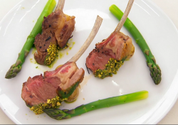 Vicky Pattison’s pistachio crusted rack of lamb with wild garlic salsa Verde, potatoes and ...