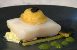 Pritesh Mody halibut with lobster and scallop ravioli  on Sunday Brunch