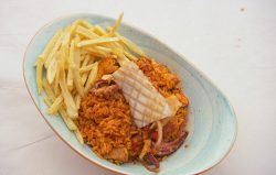 Neil and Greg’s seafood rice dish with squid and chips on Celebrity Masterchef 2019