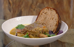 Olia Hercules Georgian spicy beef and walnut soup with sourdough bread and Saturday Kitchen