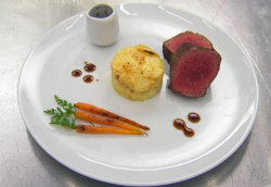 Vicky Pattison’s fillet steak with panhaggety, carrots and a brown ale jus  on Celebrity M ...