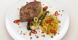 Neil Ruddock’s Asian style tuna with ginger, chilli noodles and a salty crumb on Celebrity ...