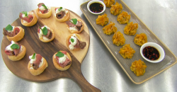 Vicky Pattison mini Yorkshire pudding with beef and prawn with pork dumplings canapes on Celebri ...