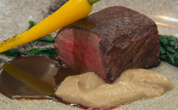 Greg Rutherford venison with mushroom puree, onion ash and a game sauce on Celebrity Masterchef 2019