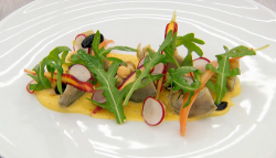 Monica’s braised artichoke with aquafaba and saffron mayonnaise on Masterchef The Professi ...