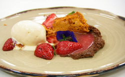 Steve’s macerated strawberries with chocolate mousse, stracciatella cheese ice cream and h ...