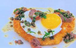 Marcus Wareing’s chicken schnitzel holstein with brown butter sauce on Masterchef The Prof ...