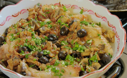 Aline Renoir’s chicken satay with mushrooms, olives and Cognac on Rick Stein’s Secret France